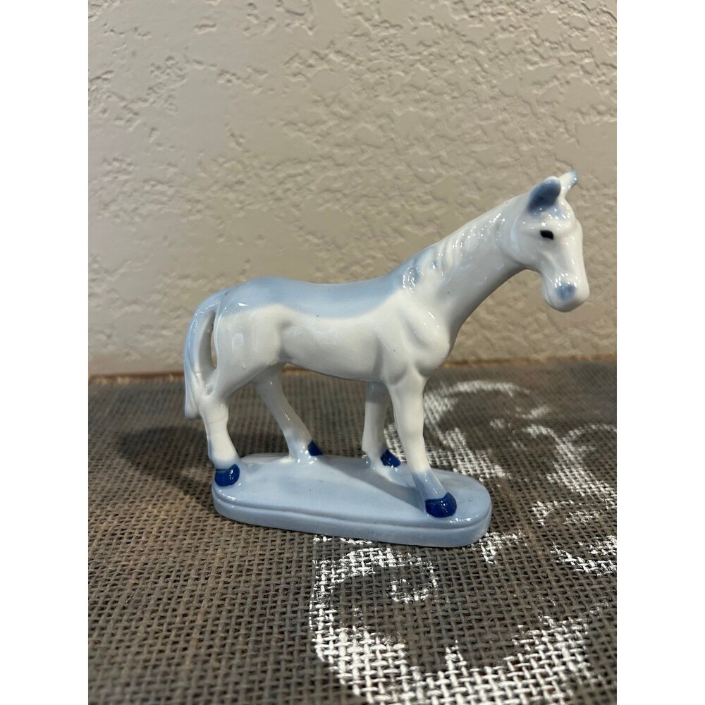 Vintage Porcelain Blue & White Horse Figurine 5” Long 4.5” Tall Made in Japan